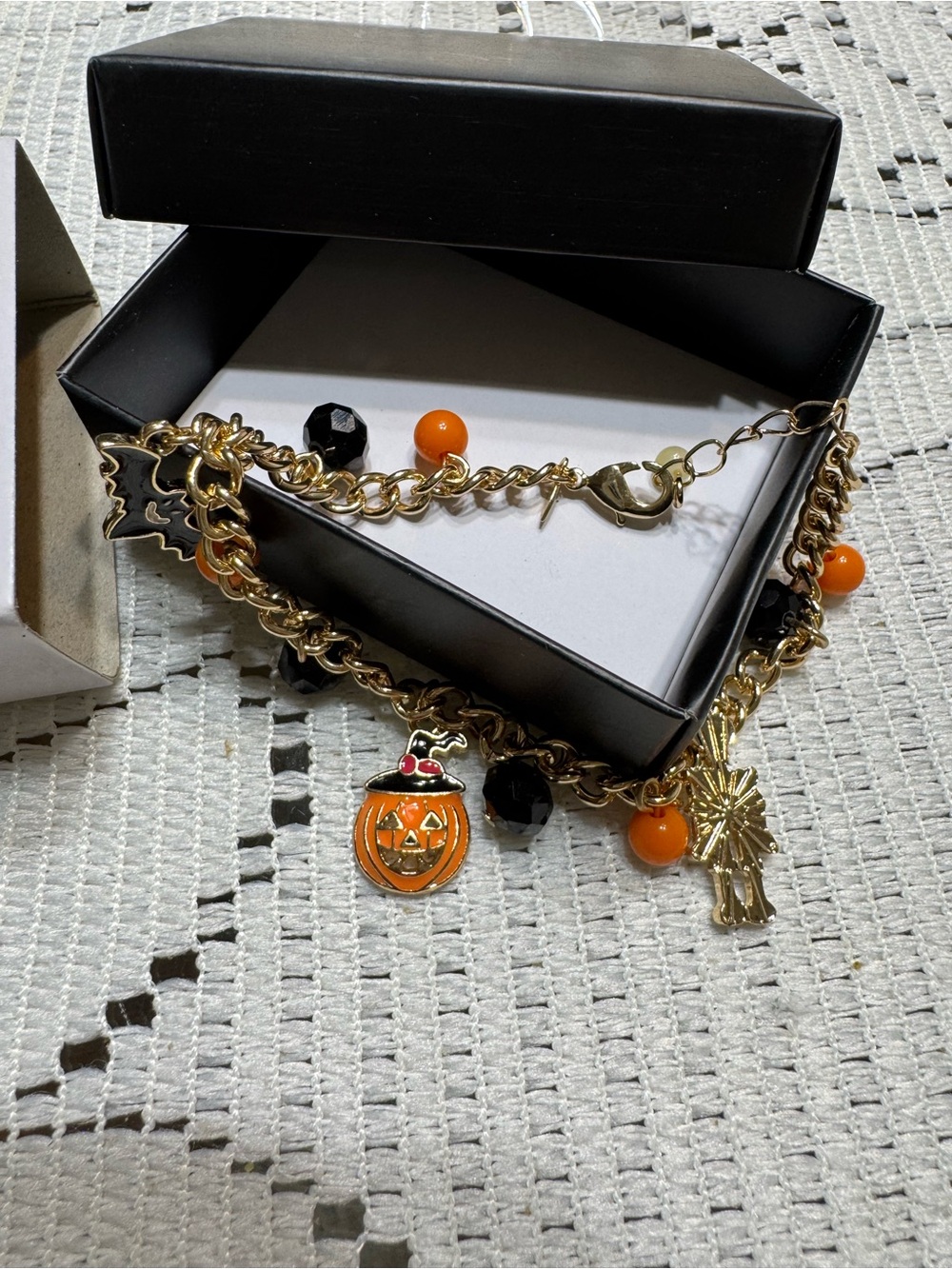 Avon Gold-tone Halloween Charm Bracelet with Orange and Black Accents